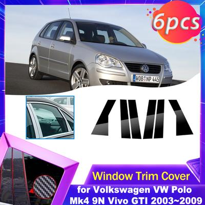 Cache Garniture de Vitre de Porte de Voiture pour Volkswagen VW Polo Mk4 9N Vivo GTI 2003~2009 Fibre de Carbone Chrome Autocollant Montants de Pilier Accessoires