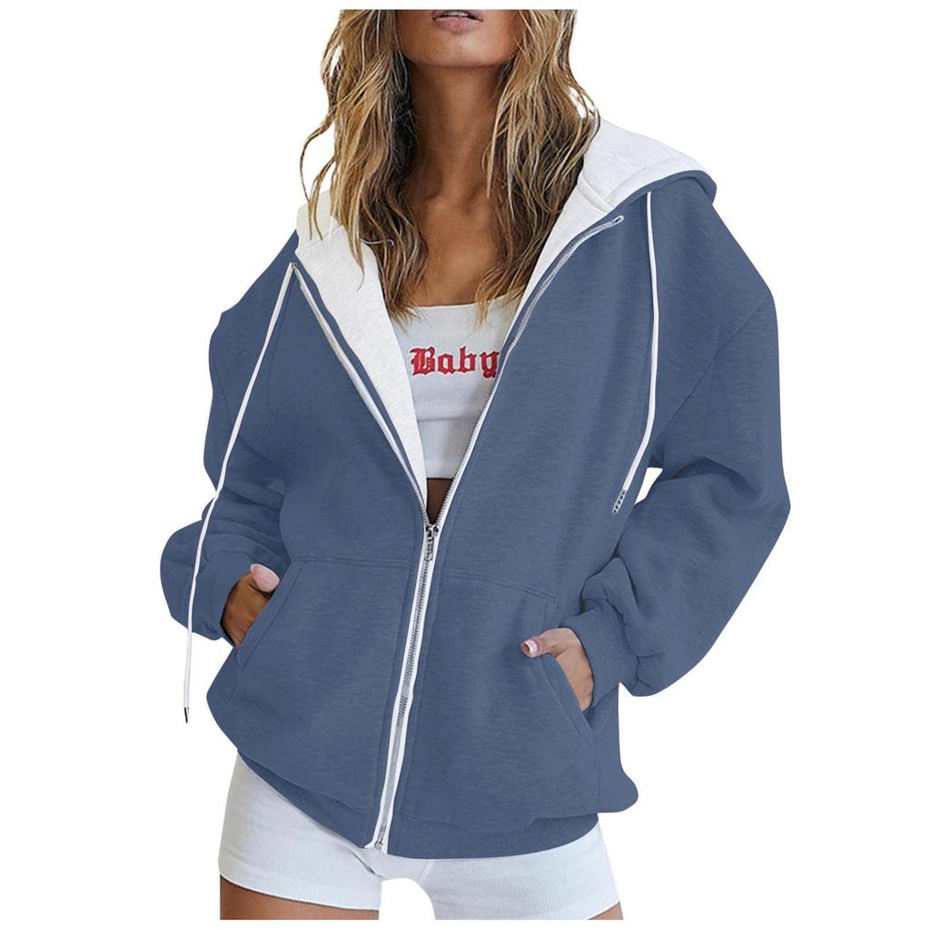 Damen Herbstmode Reißverschluss Hoodie Langarm Kapuzenpullover Sweatshirt Lässige Einfarbige Oberteile Mit Taschen