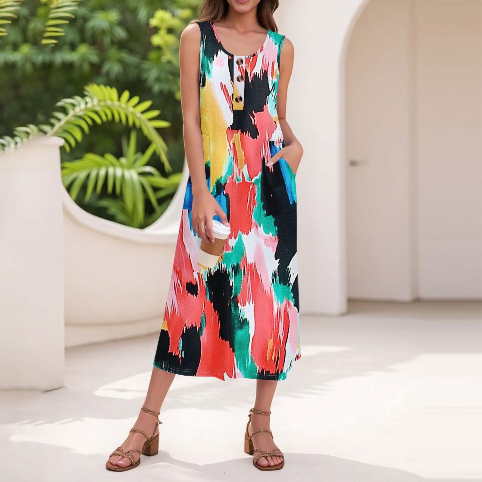 

Женское летнее повседневное модное платье с цветочным принтом без рукавов и пуговицами XL циан