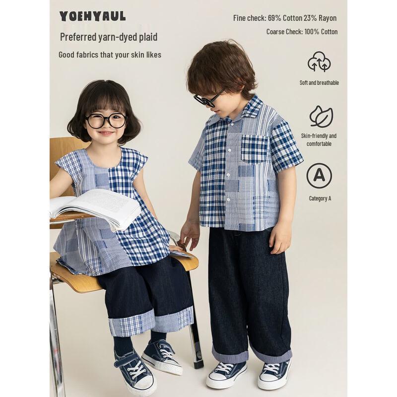 Girls  Plaid Short-Sleeve Shirt & Denim Capris Set 120 cm