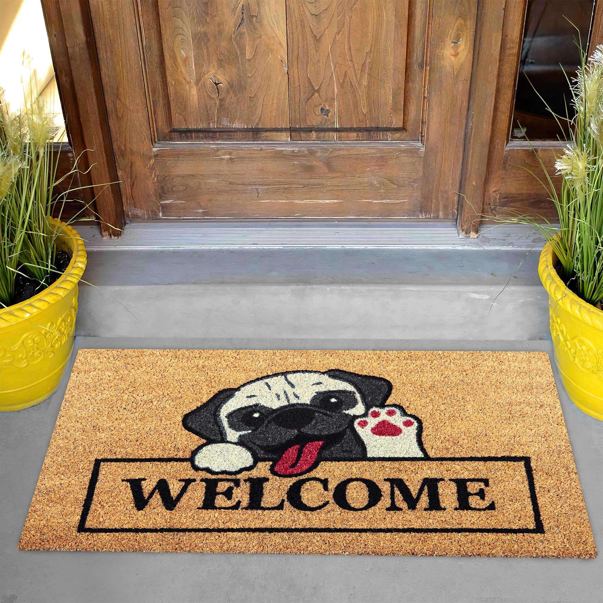 Schattige Mopshond Welkom Deurmat Antislip Rubberen Achterkant Grappige Kiekende Mopshond Poot Entree Mat Schattig Huisdecoratie Kleed voor Voordeur 90cmx60cm