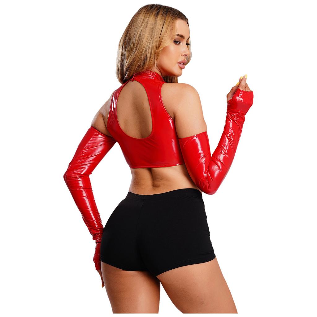 Damen Glänzendes PU Cropped Top Cold Shoulder Langarm Ausgeschnitten Rollkragen Pullover