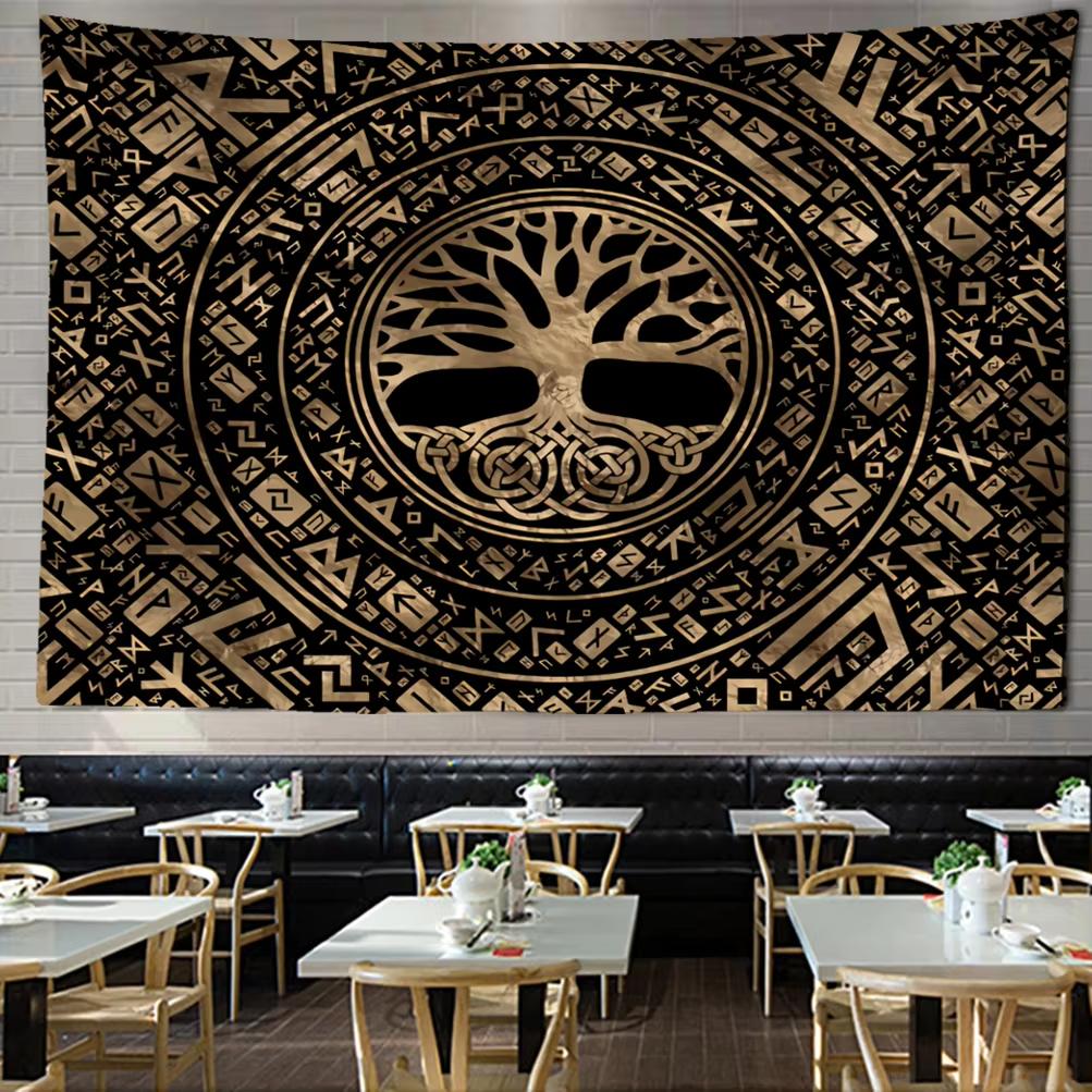 Tree of Life Wall Tapestry Black Background Gold Celtic Geometric Patterns for Dining Room Bedroom Entryway Decor