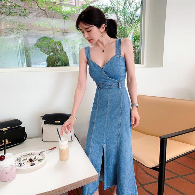 Women s Spring/Summer Slimming Denim Camisole Dress - Mermaid Skirt Style Blue средний