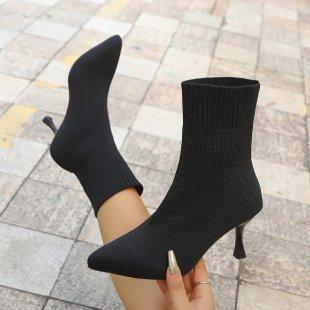 

Women Socks Boots Stretch Fabric Women Ankle Boots Pointed Toe High Heels Slip-On Sexy Sock Heeled Chelsea Boots 2026 36 чёрный