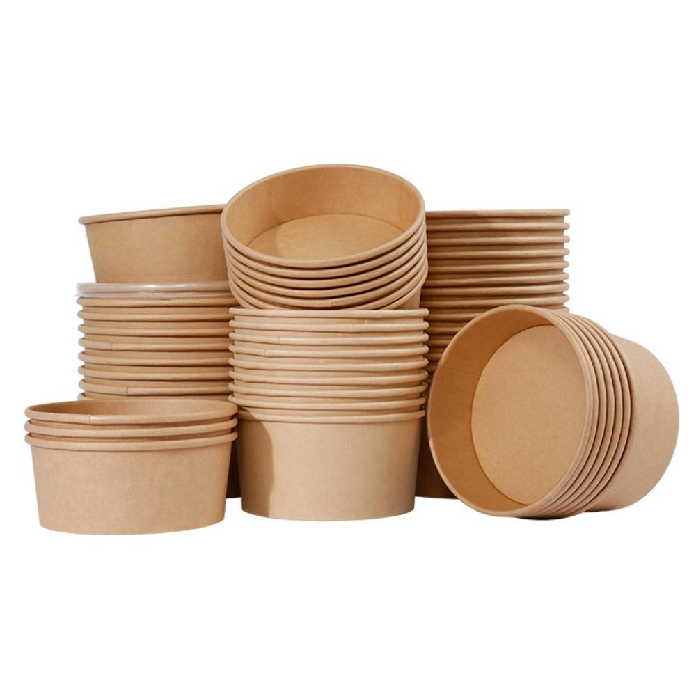 50pcs Kraft Paper Fast Food Package Box Round Rice Bowl Portable Disposable Salad Bowl  Soup