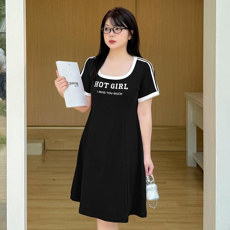 Large size women's clothing pure desire Spice Girl U-neck waist pinch dress summer new thin A-shaped dress 232256