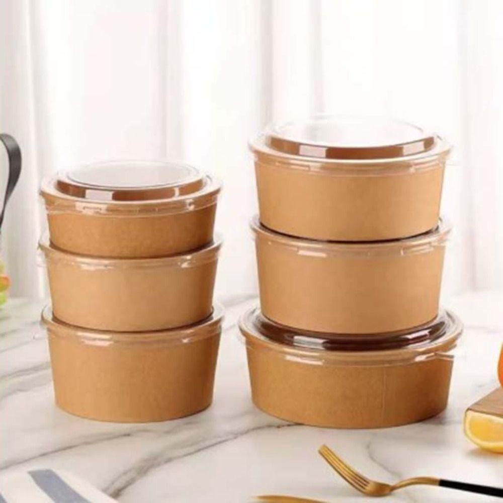 50pcs Kraft Paper Fast Food Package Box Round Rice Bowl Portable Disposable Salad Bowl  Soup