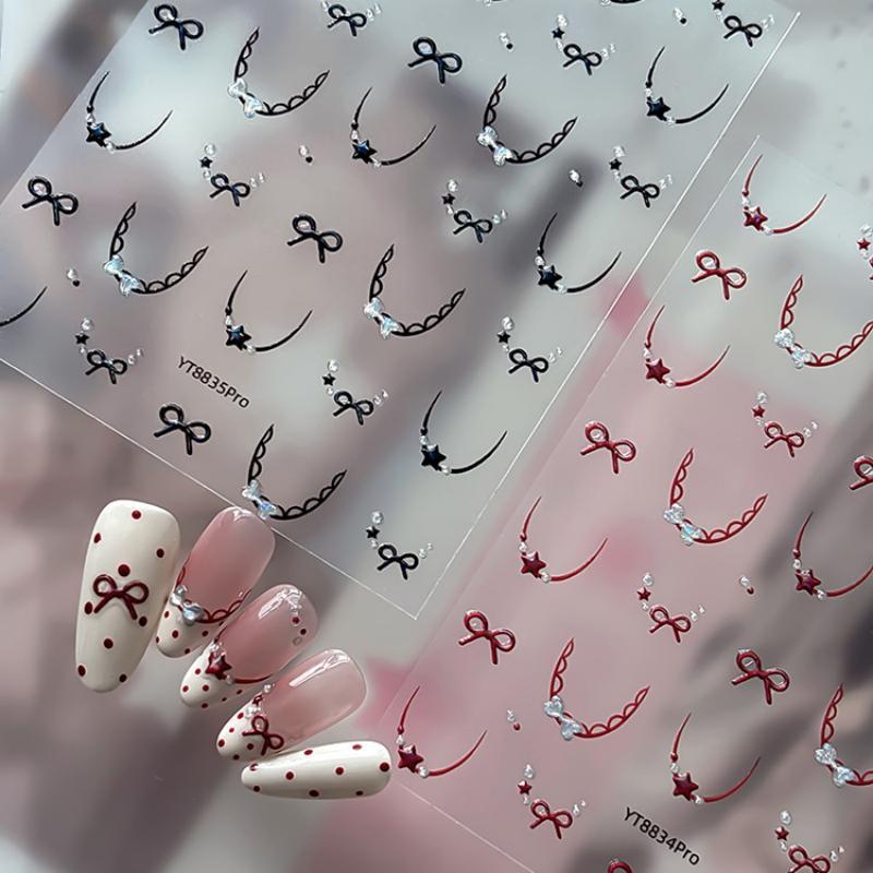 Nail Stickers Cute Bow Stars French Lace 3D Self-Adhesive DIY Nail Art Decals for Home Salon Manicure Beginners