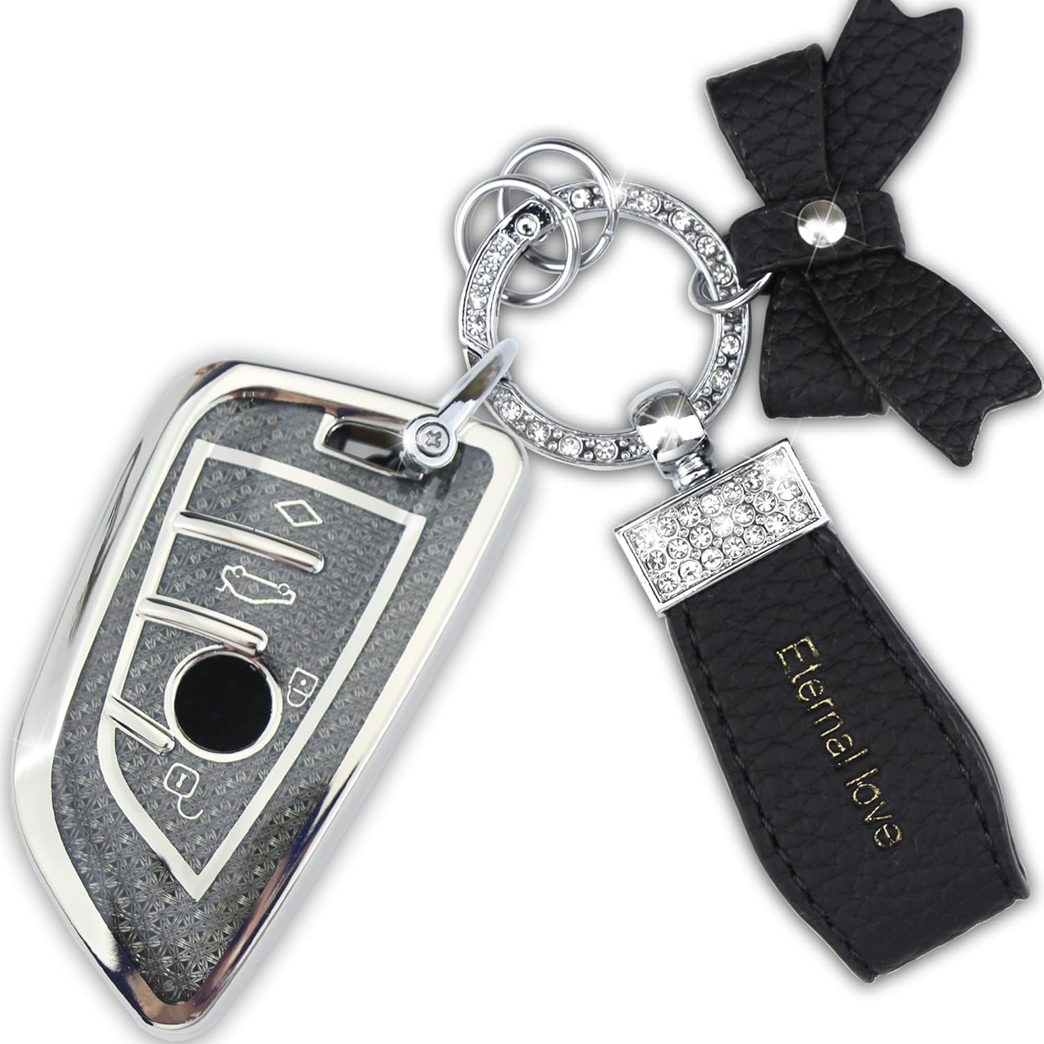 Key Fob Cover with Diamond Keychain, Car Key Shell for Women, Compatible with BMW X1 X2 X3 X5 X6 X7 GT and 2 5 6 7 Series Smart Remote Key Protector чёрный