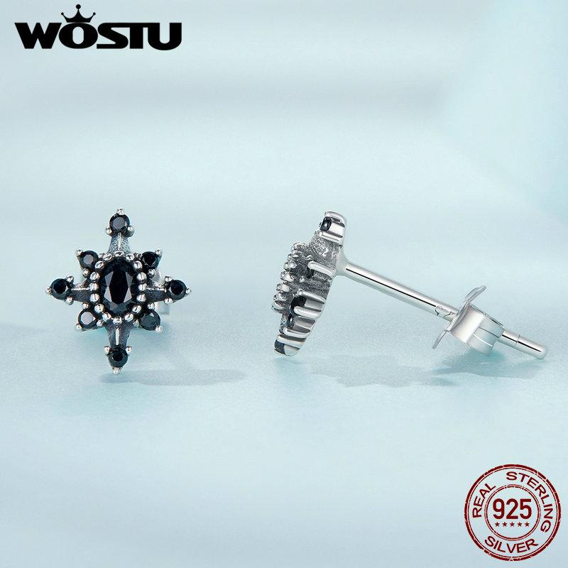 WOSTU 925 Sterling Silver Classical Round Balck Cz Hoop Earrings For Women Wedding Dangle Drop Earring Clips Party Jewelry Gift