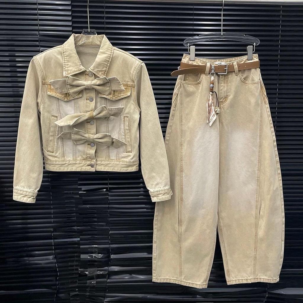 Niche Women's Spring Bowknot Distressed Denim Suit: Heavy Duty Short Jacket + Wide Leg Pants