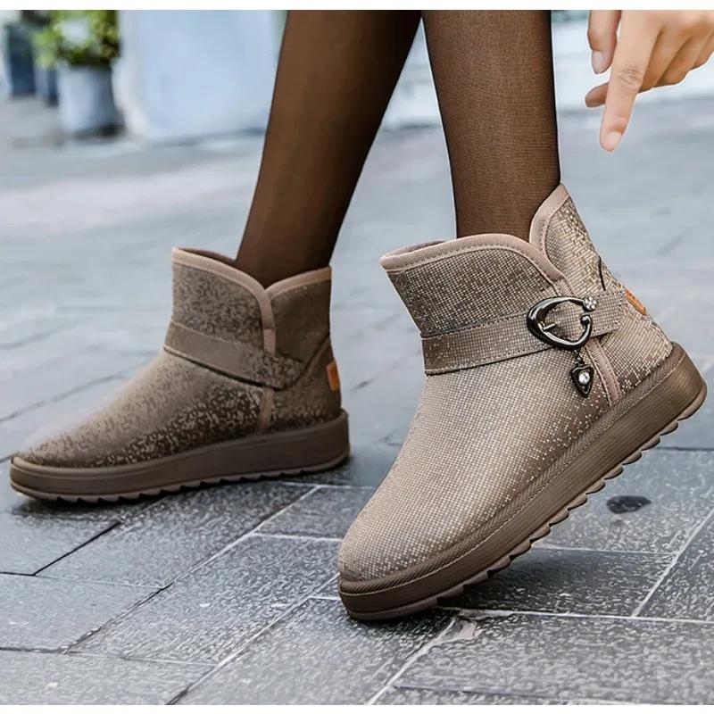 Flache Schneestiefel Damen 2026 Neue Winter Plüsch und Verdickte Ein-Fuß-Baumwollschuhe Damen Modische Kurze Botas Damen Schuhe