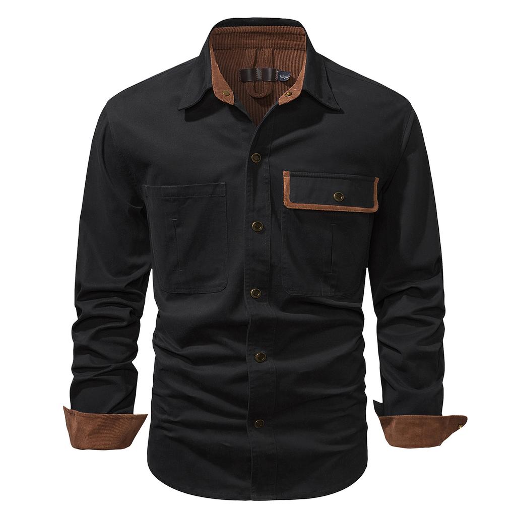 Men's Washed Cotton Casual Shirt Solid Color Lapel Long Sleeve Cargo Shirt for Men