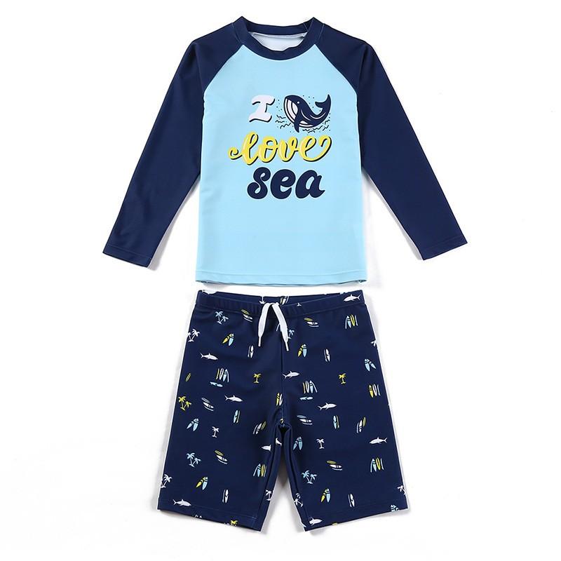 Kids Long Sleeve Rash Guard and Swim Shorts Set Boys Two Piece Swimwear with Printed Graphic and Elastic Waistband for Beach Pool