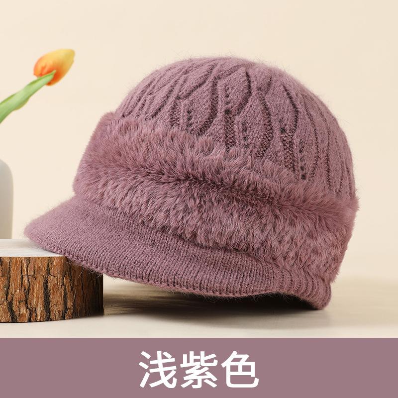 Hat Female rabbit fur fleece thickened knitted hat Warm elderly ear hat Winter cold resistant versatile wool hat