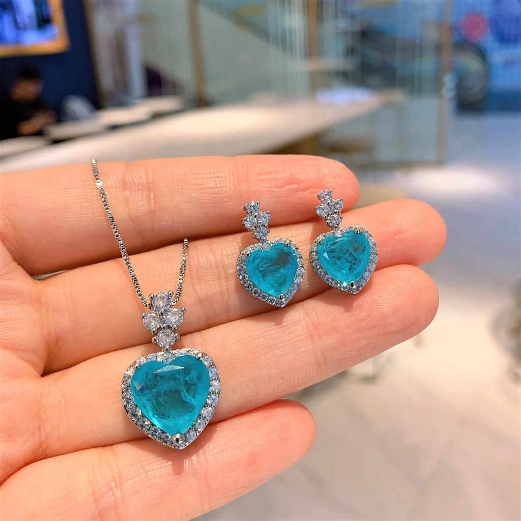 Color Treasure Simulation Blue Paraiba Heart Jewelry Set Stud Earrings Main Stone 8 * 12 Pendant Necklace 10 * 14
