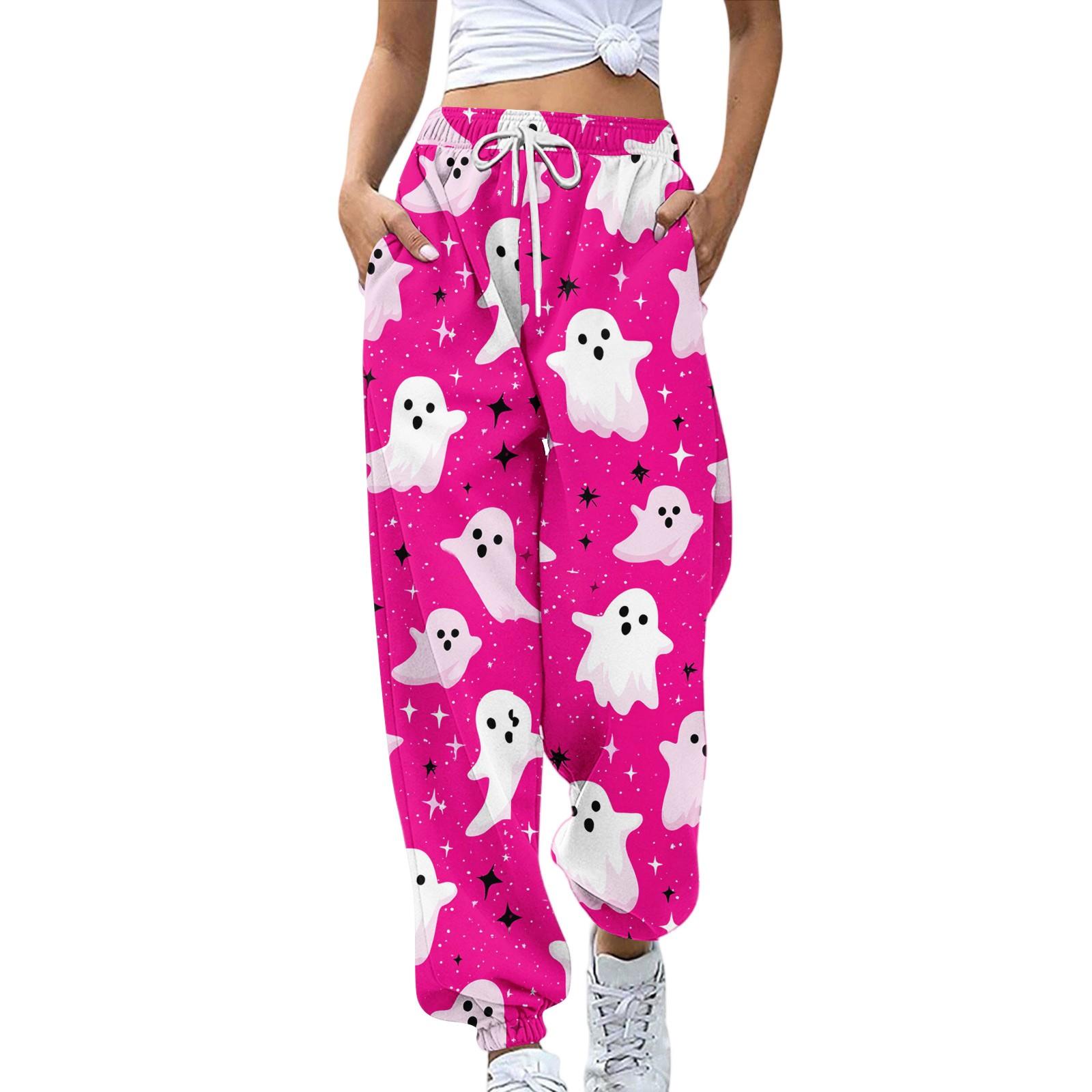 

Женские спортивные штаны Эластичный пояс Кулиска Повседневные брюки Принт на Хэллоуин Брюки с карманами L красный