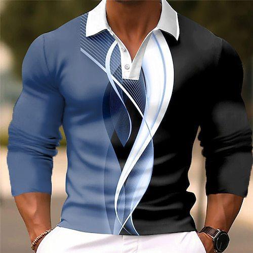 Men's Casual Gradient Button Up Long Sleeve Polo Shirt Fashion Sweatshirt