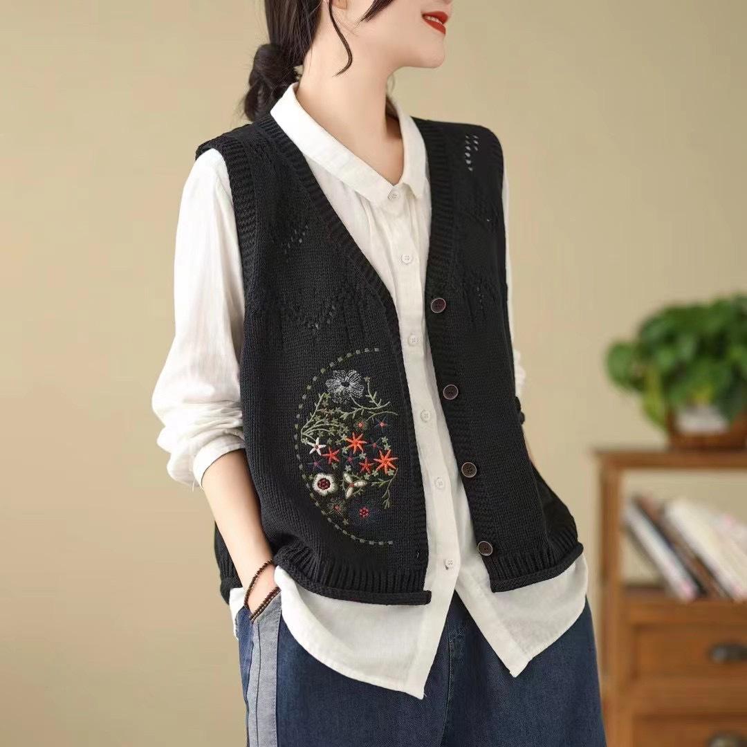 

Ажурный вышитый трикотажный жилет повседневный карман винтажный женский топ-майка весна и осень свободный жилет XL чёрный