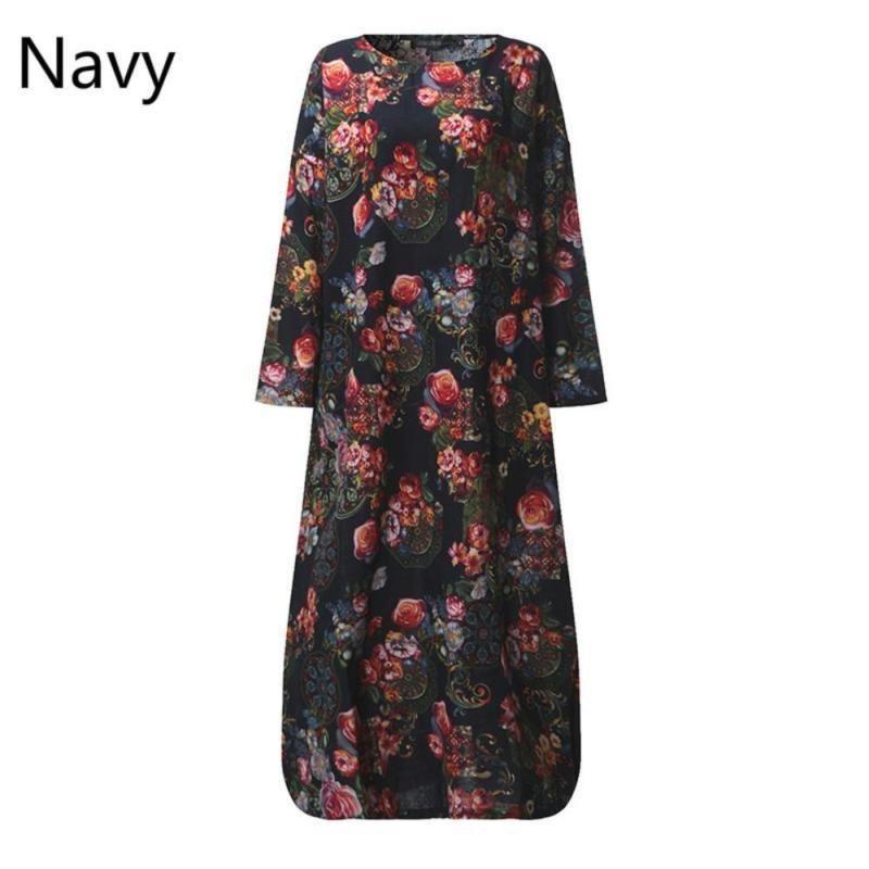 Women Vintage Casual Floral Printed Loose Dress Kaftan Long Maxi Shirt With Timeless Design