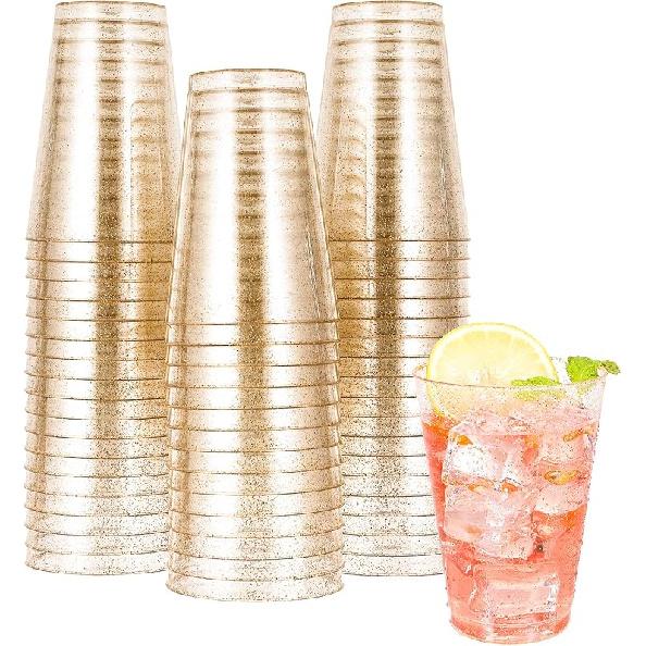 JOLLY CHEF 14 oz 50 Pack Gold Plastic Cups, Disposable Gold Glitter Plastic Cups Tumblers, Ideal for Wedding Halloween, Thanksgiving, Christmas 14-Glitter-50
