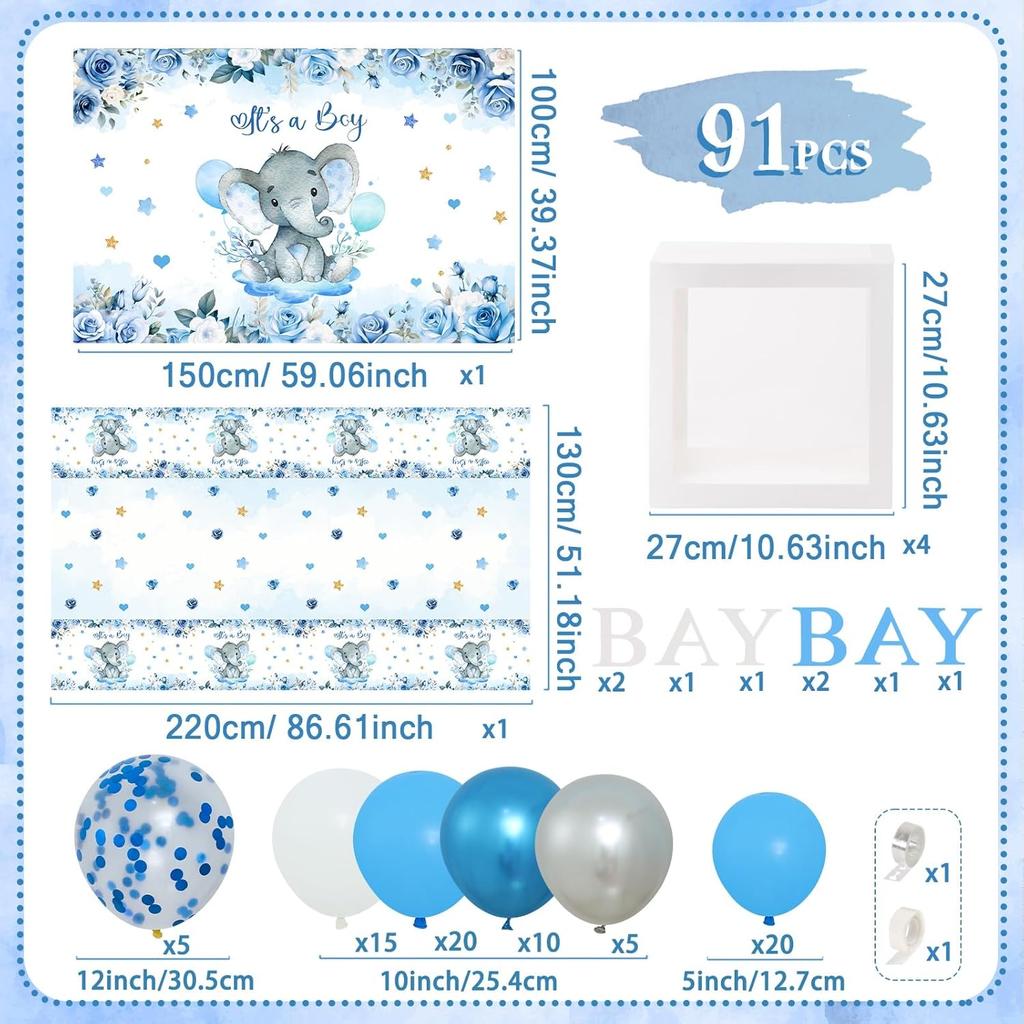 Boy Elephant Baby Shower Decorations Boxes - Baby Blue Balloon Garland Kit,Baby Shower Boxes,It's a Boy Backdrop Tablecloth for Elephant Theme Party