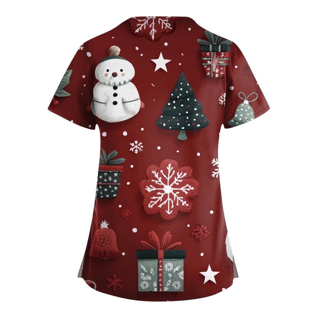 Dammode V-ringad Kortärmad Arbetskläder Med Fickor Jultryck Topp Vårdgivare Uniform