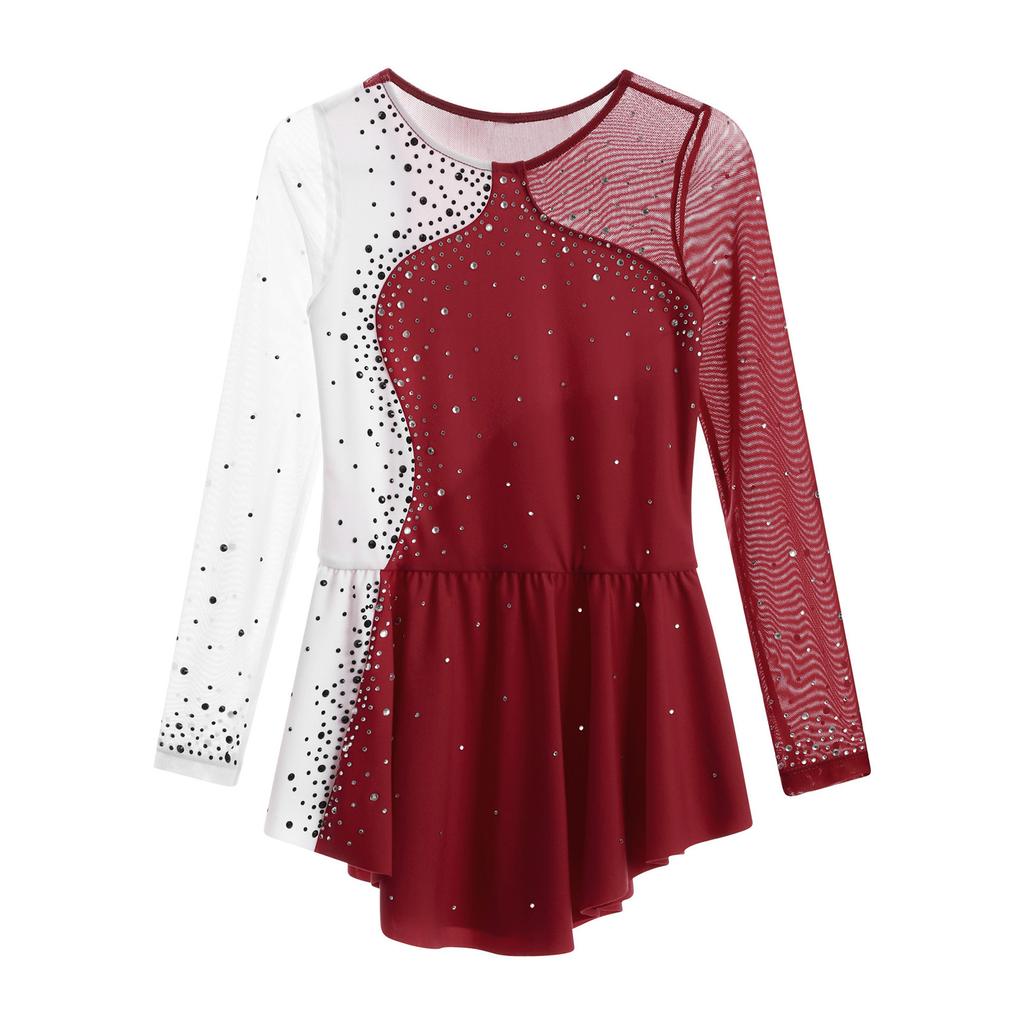 Girls' Ice Skating Leotard Dress Kids Long Sleeve Shiny Rhinestone Ballet Gymnastics Dance Clothes