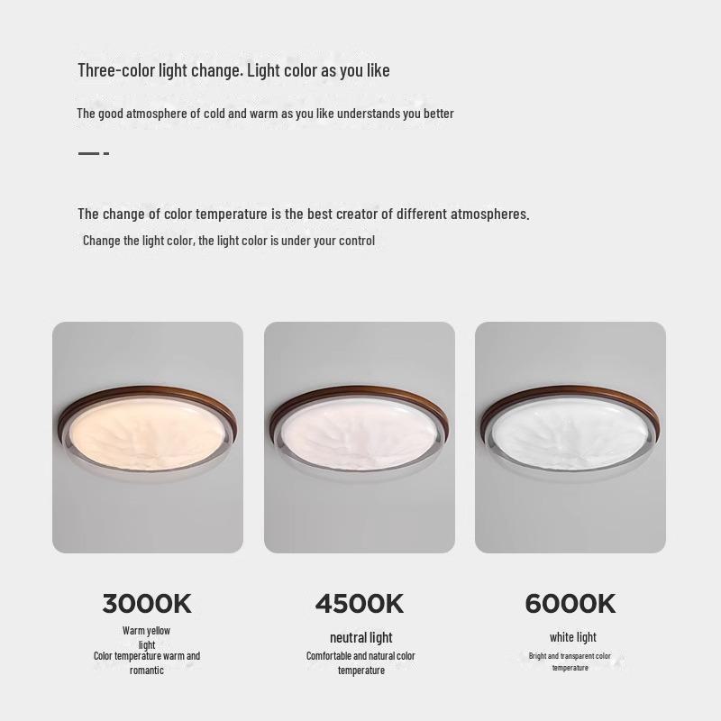 "Walnut Finish Full Spectrum Ceiling Lamp: Designer Round Bedroom & Study Light"