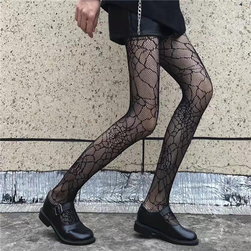 Klassische Lolita Ausgehöhlte Spitzennetzstrümpfe Strumpfhose mit Höschenteil Damen Sexy Japanische Mädchen Gothic Punk Retro Spinnennetz Strumpfhose