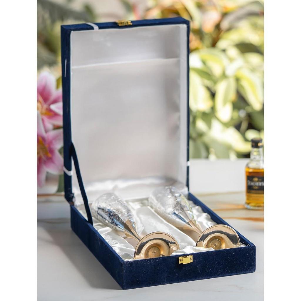 Silver Plated Goblet Flute Wine Glass with Blue Box, Best for Parties, Diwali Gift Item, 100 ML Each, Set of 2