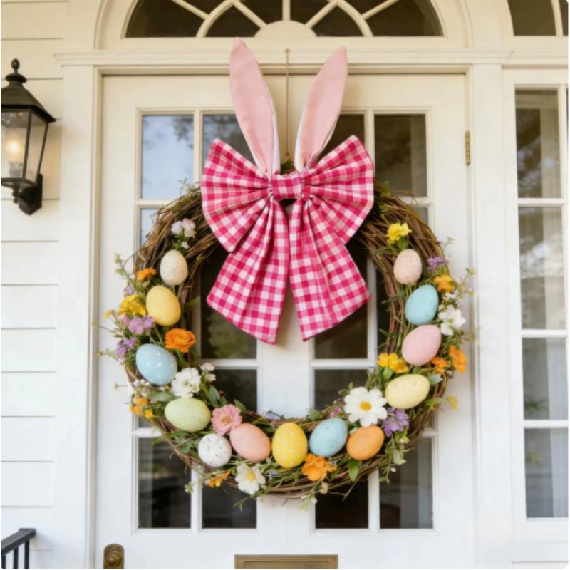 40cm Easter Bunny Ears Wreath Bow Rustic Buffalo Plaid Easter Bows for Wreaths Spring Holiday Fabric Decorative Bow for Tree Topper