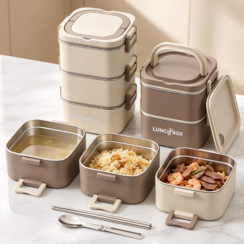 Portable Stackable Lunch Box With 304 Stainless Steel Inner Containers, Side Buckles And Carry Handle For School Office Travel Meals