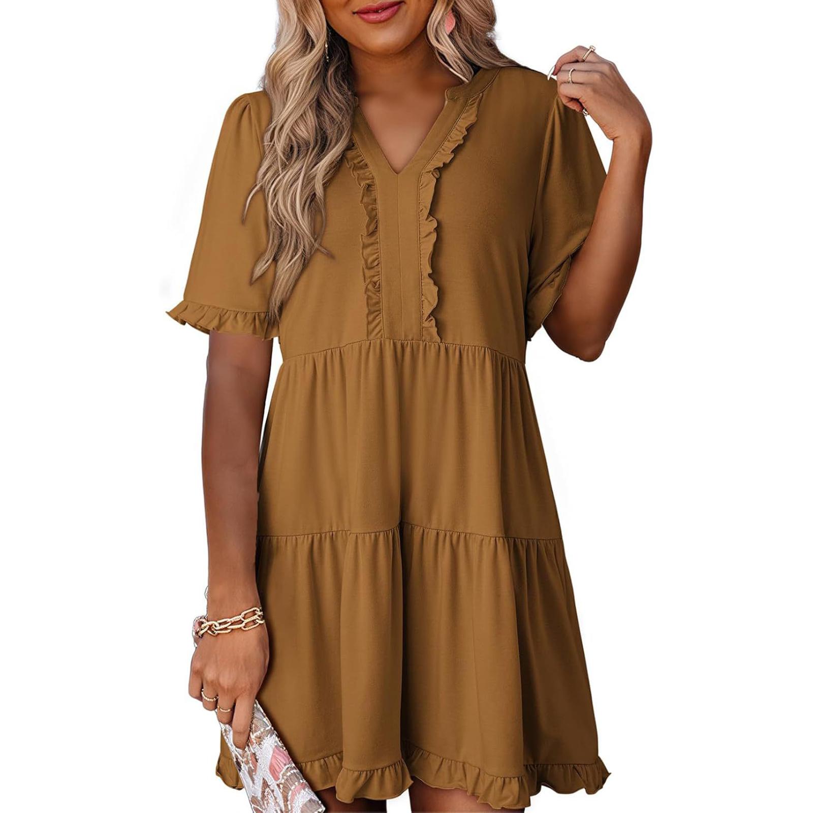 Women s Fashion Casual Ruffled Dress Short Sleeve V-Neck Large Swing Dress XXL