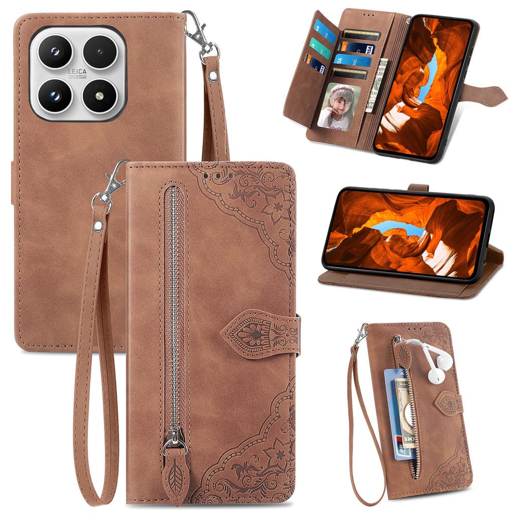 For Xiaomi 17 Zipper Wallet Case with Strap Flower Imprint PU Leather Phone Cover