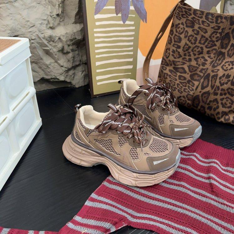 Platform Leather Mesh Dad Shoes Girl 2025 Autumn European Station New Breathable Casual Niche Retro Sneakers