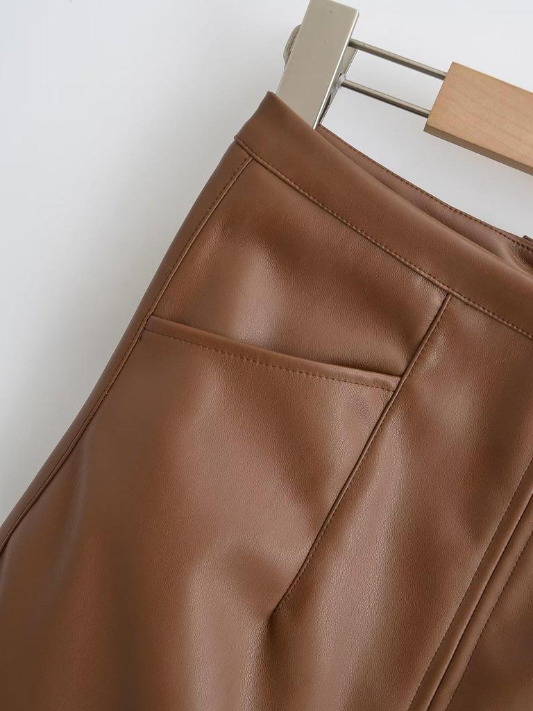 Slimming PU Leather High Slit Midi Skirt - Retro High Waist Hip-Hugging Style