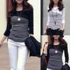 Mode Print Rayures Printemps Femmes T-shirt Manches Longues Col Rond Coupe Slim Top