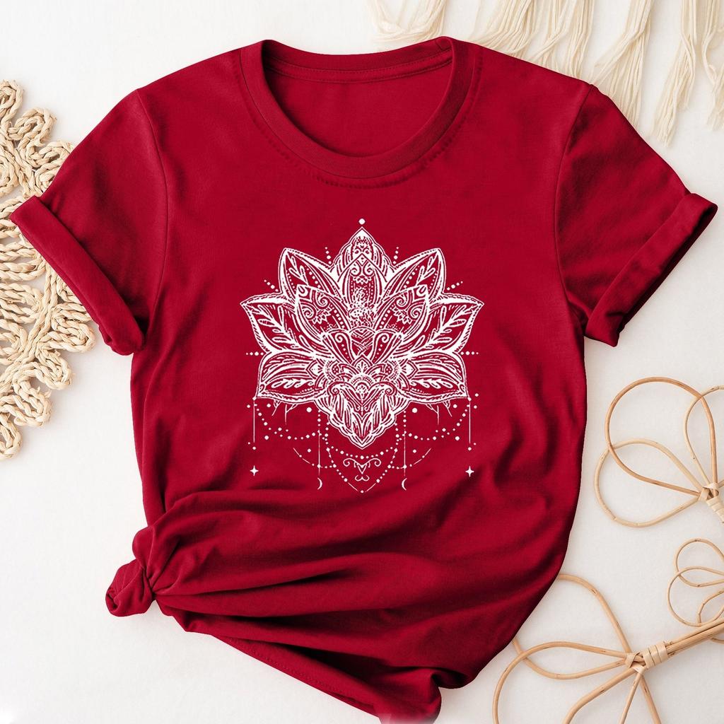 Plus Size Casual T-shirt, Women's Plus Mandala Print Short Sleeve Round Neck Slight Stretch T-shirt