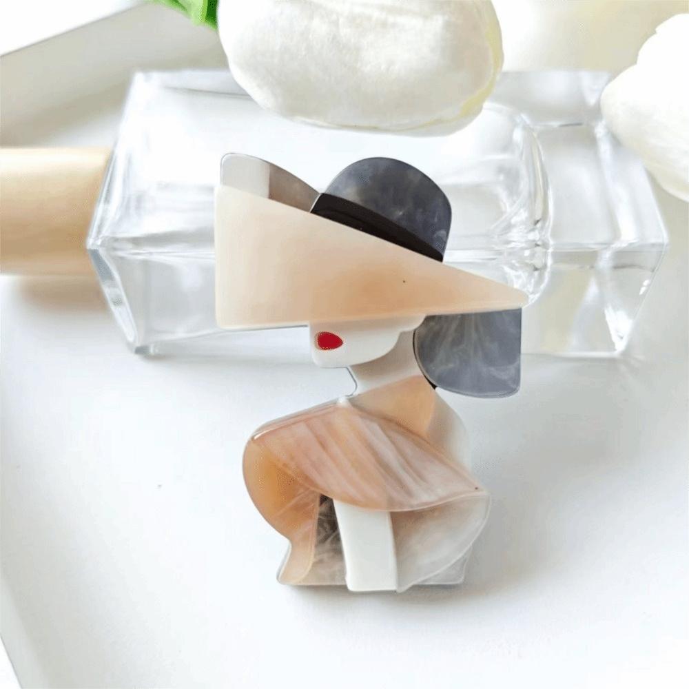 Retro Cartoon Lady with Hat Brooch Acrylic Large Women Portrait Pin Handmade Clothing Accessories Girl Badge