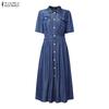 ZANZEA Women Turn Down Collar Summer Casual Short Sleeve Long Dress