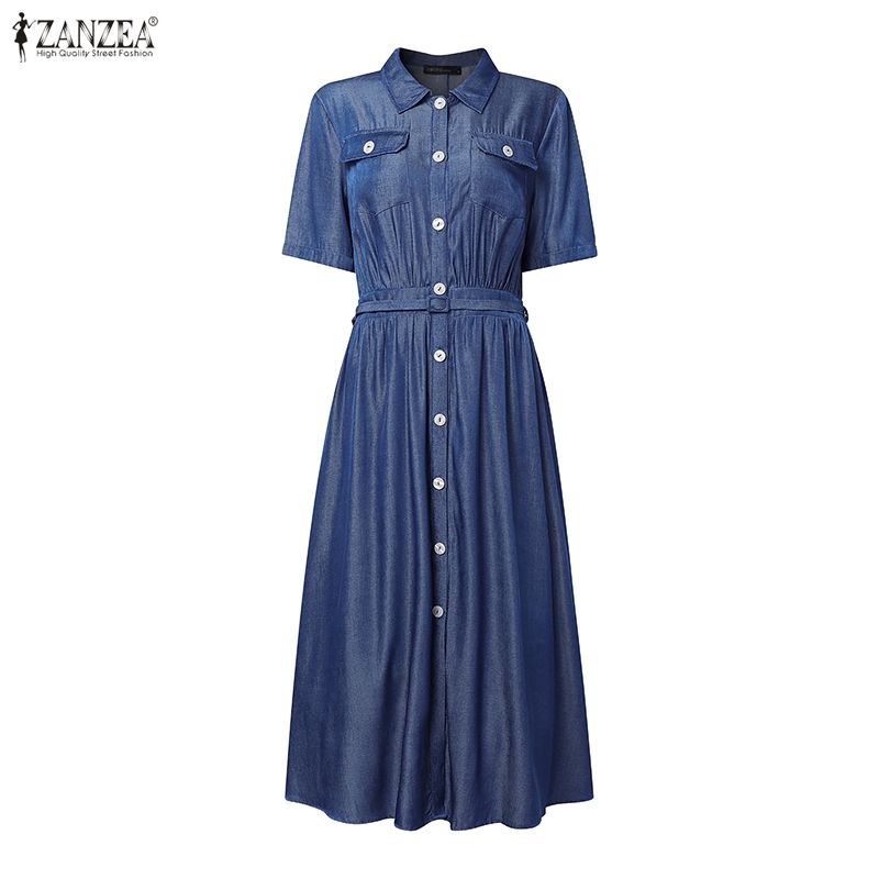 ZANZEA Women Turn Down Collar Summer Casual Short Sleeve Long Dress