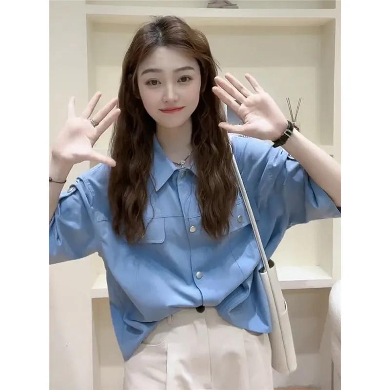 

Женская летняя рубашка из искусственного шелка Ice Silk с рукавами средней длины, однотонный дизайн, свободные топы для поездок на работу XXS синий