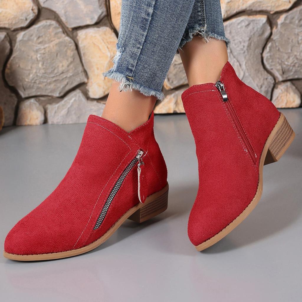 Winter new mid-heel Martin boots large size women's boots solid color low-top side zipper women's Martin boots