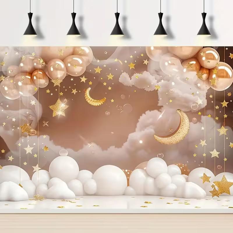2D Moon and Stars Baby Shower Backdrop Neutral Cloud Balloon Photography Background