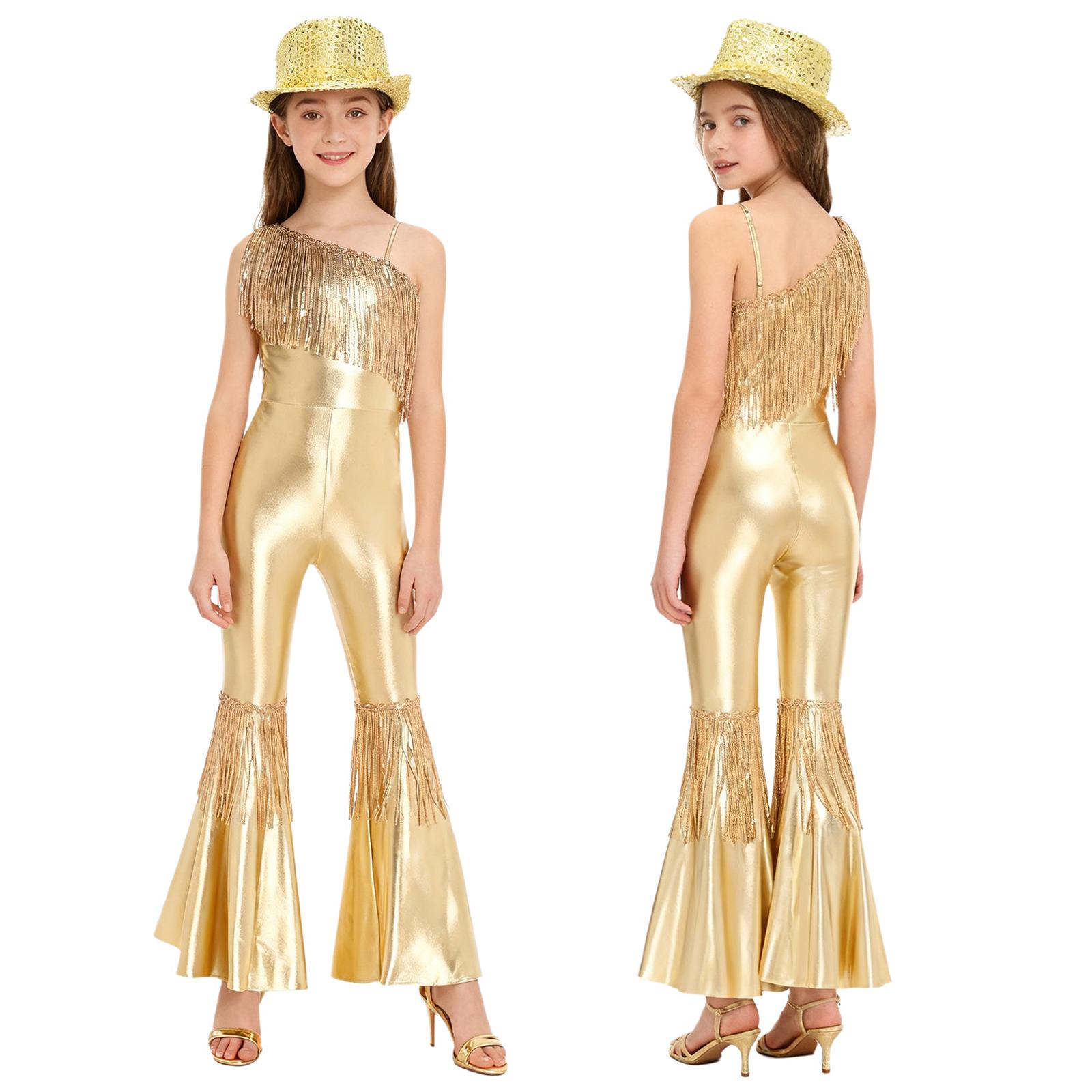 

Children‘s Disco Dance Costume Sequins Tassels One Shoulder Sleeveless High Waist Flared Jumpsuit and Fedora Hat for Party Performance 5-6 Years золотий