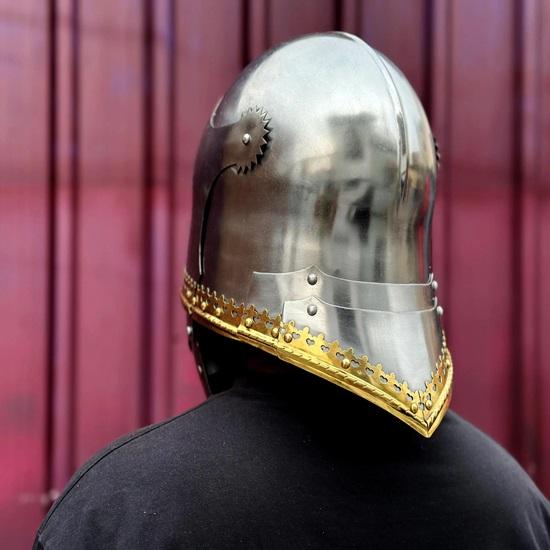 Medieval German Gothic Sallet Helmet 18 Gauge Steel with Brass Trim Knight Armor Helmet for LARP, Cosplay Reenactment