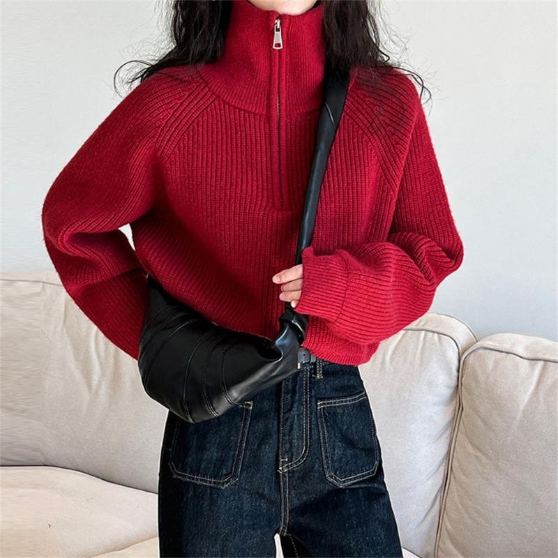 Half-zipper sweater women's loose outer wear autumn and winter new pullover short high-waisted design bottoming knitted sweater top