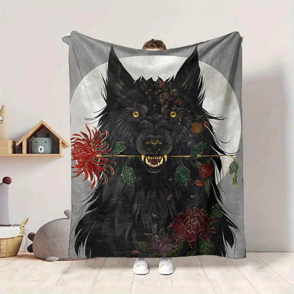 1pc Wolf Flowers Blanket, Lightweight Flannel Throw Blanket For Sofa, Bed, Travel, Camping, Living Room, Office, Couch, Chair, And Bed